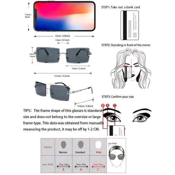 Rimless Square Sunglasses Rainbow Tint Unisex Metal Frame - Picture 8 of 8